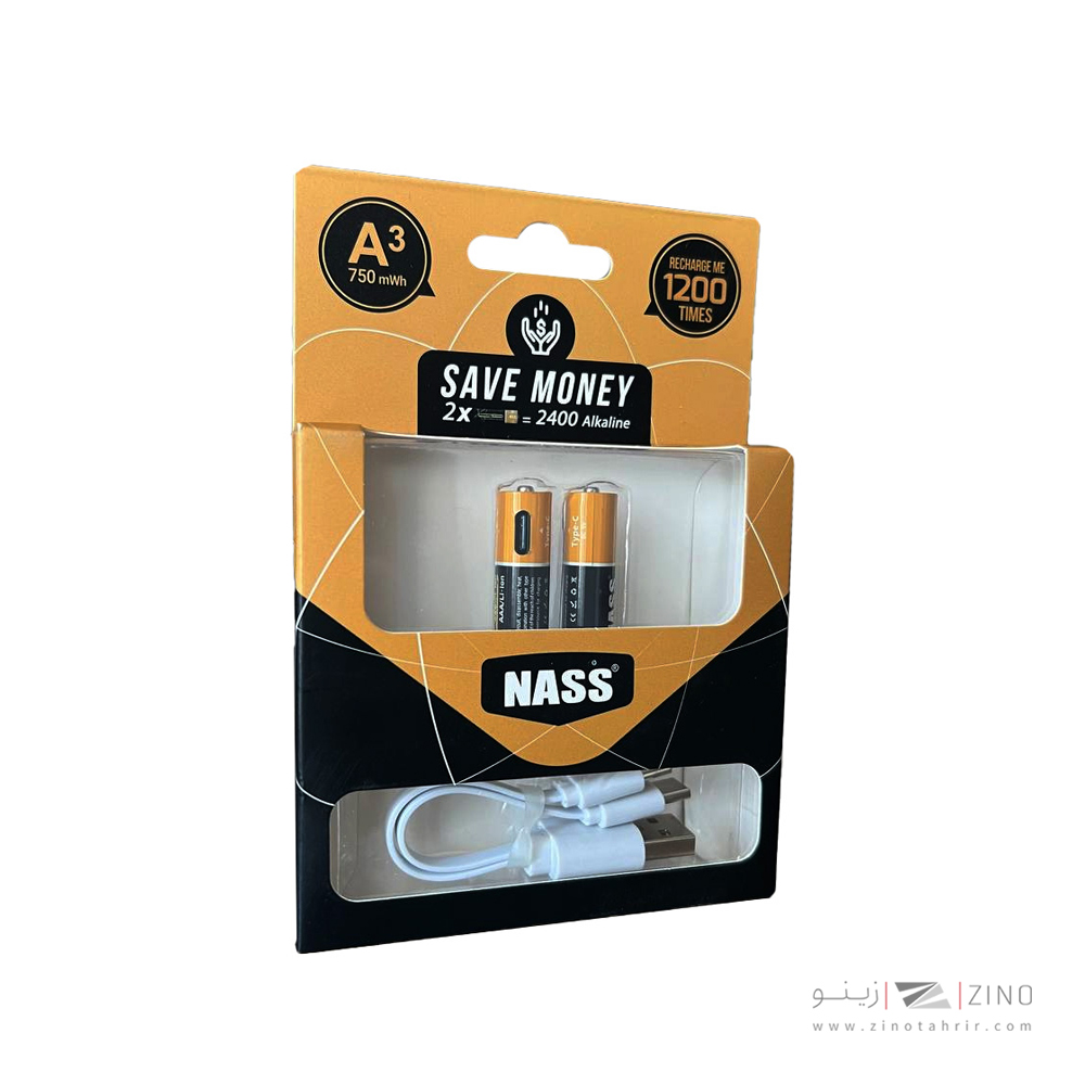 باتری نیم قلمی کارت شارژی2عددی750میلی آمپر همراه با کابل تایپ سی ناس