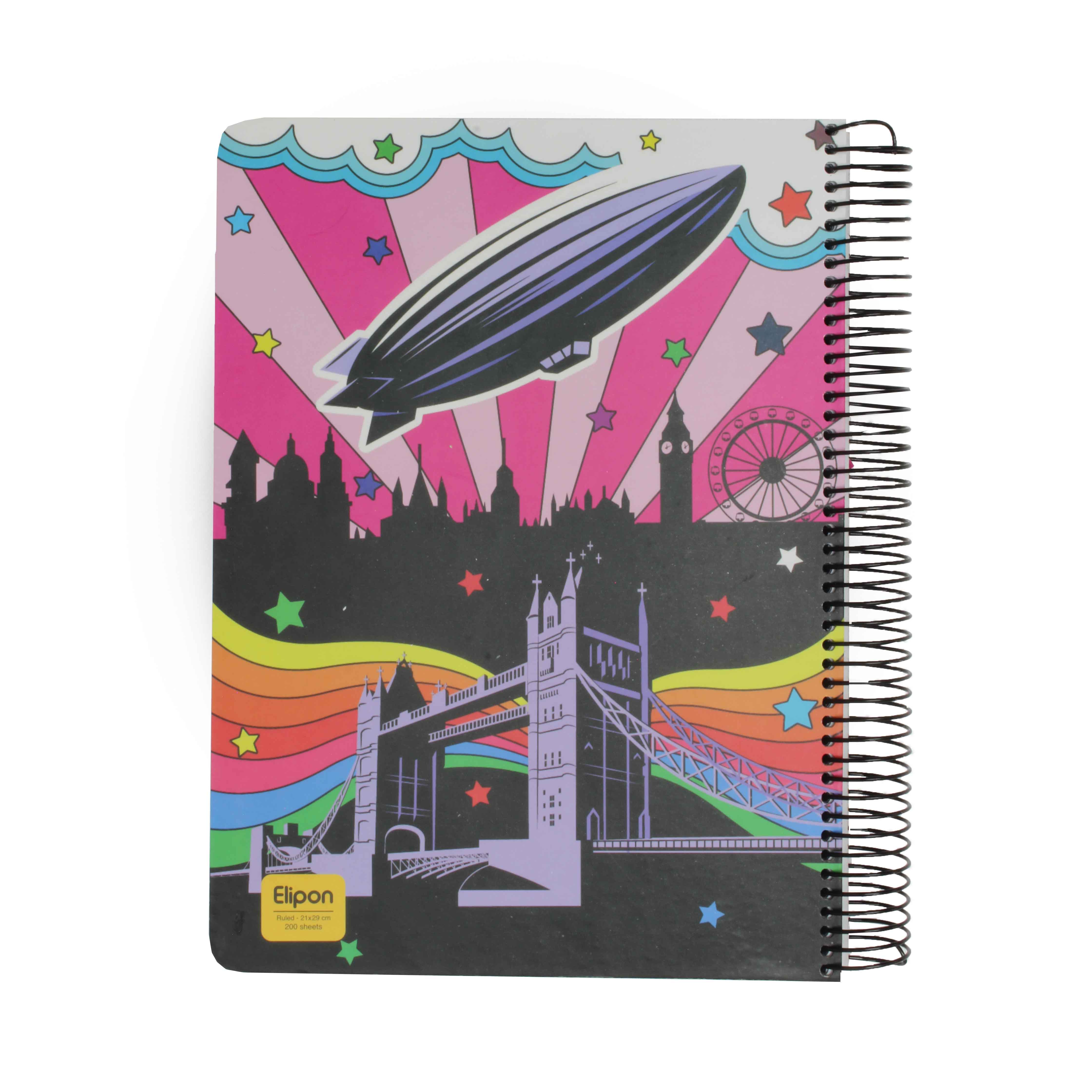 دفتر200برگ رحلی سیمی/ فنرفلز/ فانتزی جلدسخت الیپون کد863کارتن12عددی